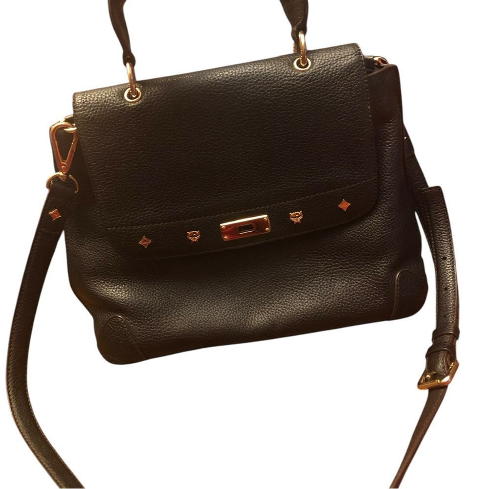 MCM Black Leather‎ Crossbody Satchel Bag Turn Lock Gold Hardware